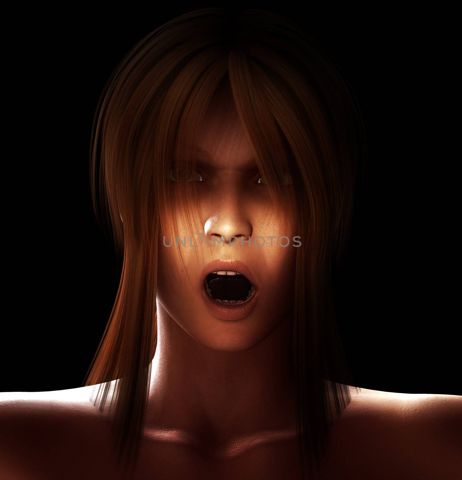 Close up image of a creepy looking women.