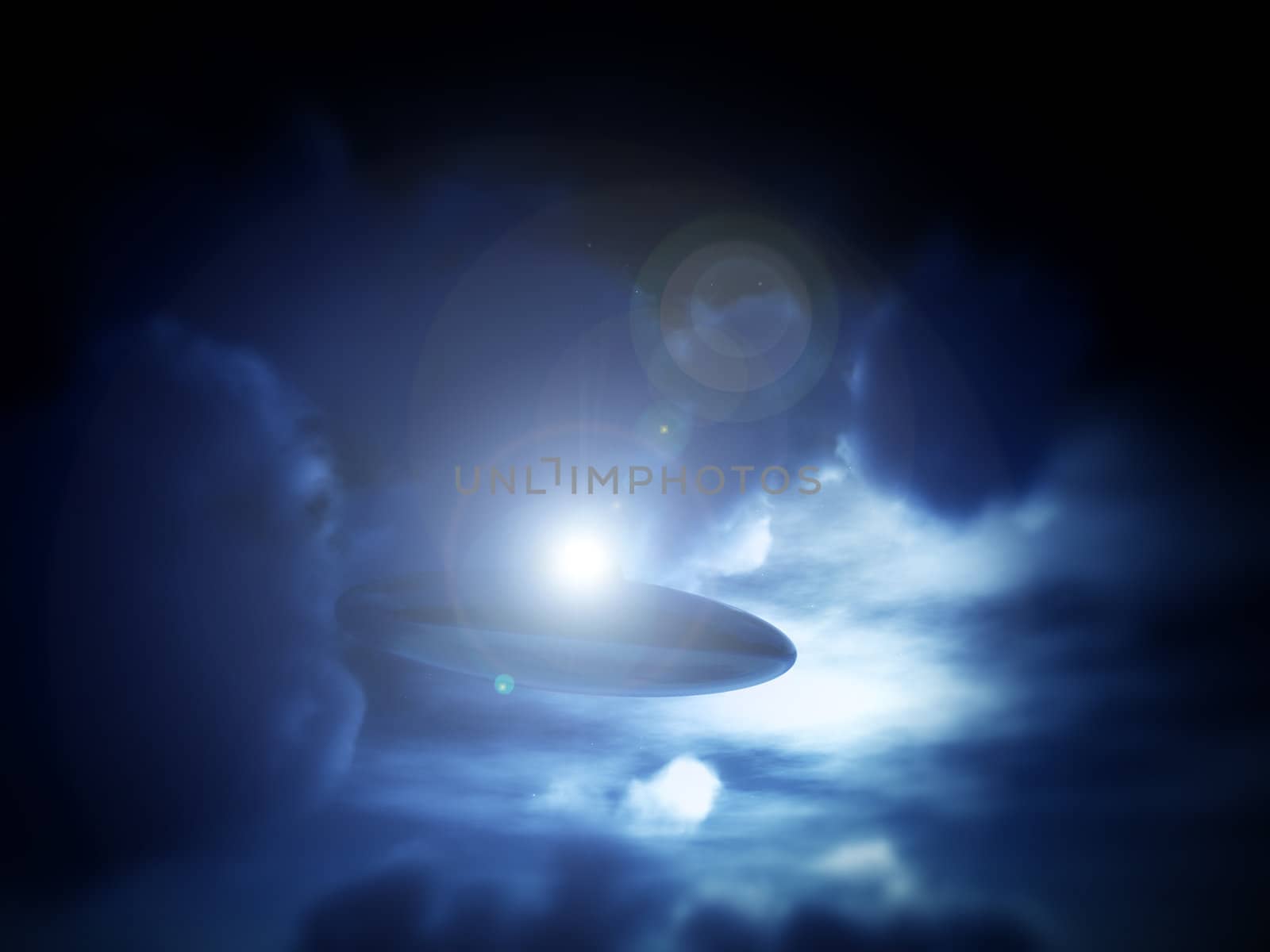 A view of a UFO amongst some moonlit clouds.
