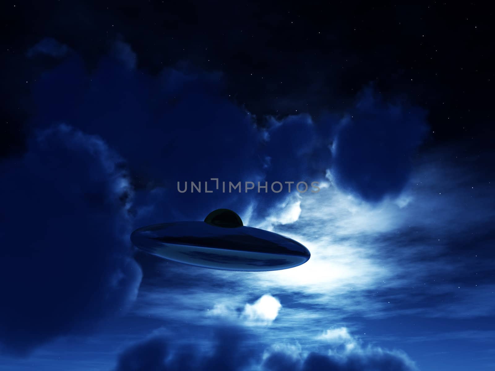 A view of a UFO amongst some moonlit clouds.
