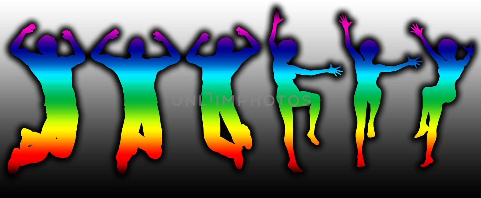A group of men and women who are jumping simultaneously.