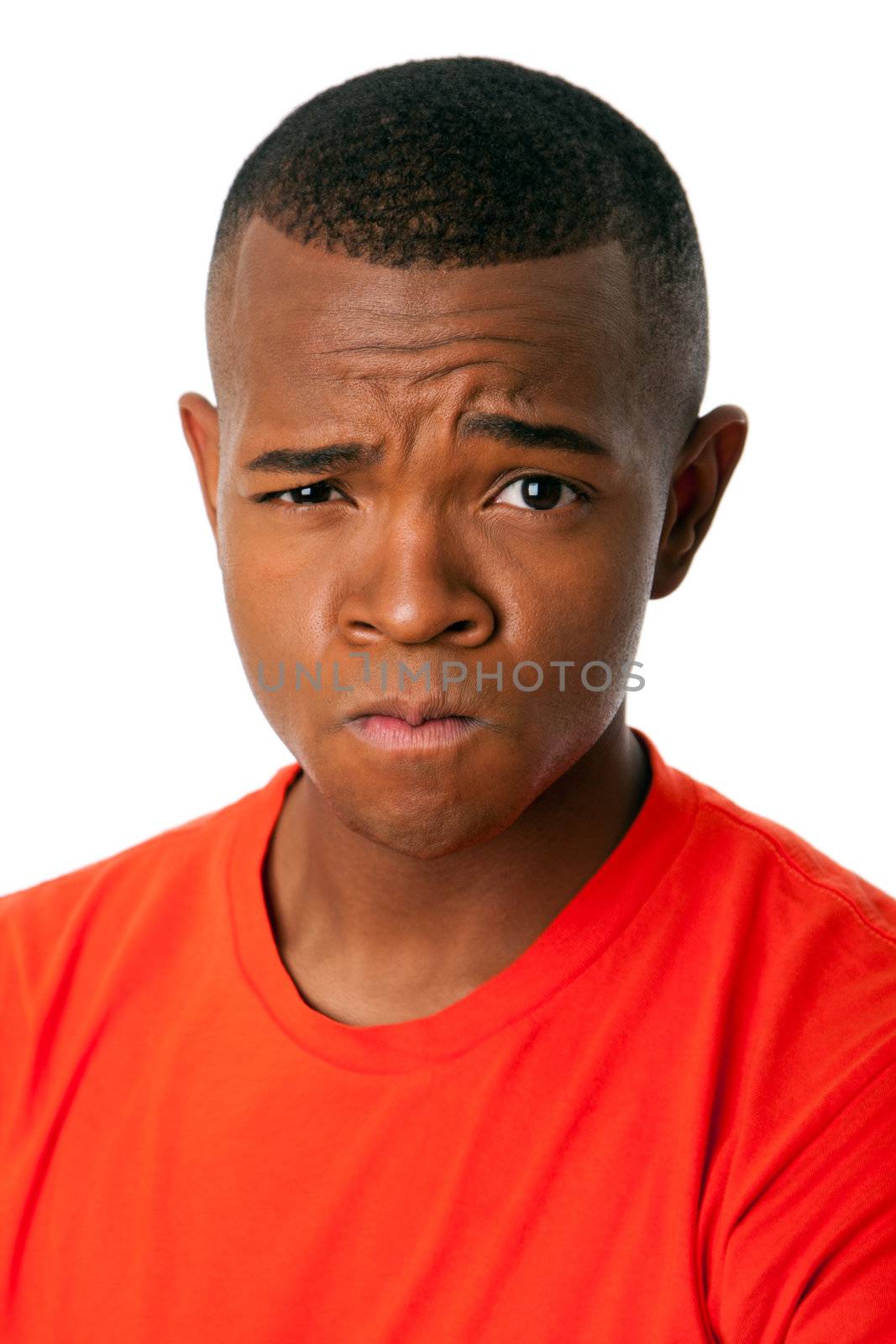 Face of handsome young man with Frustrated expression, isolated.