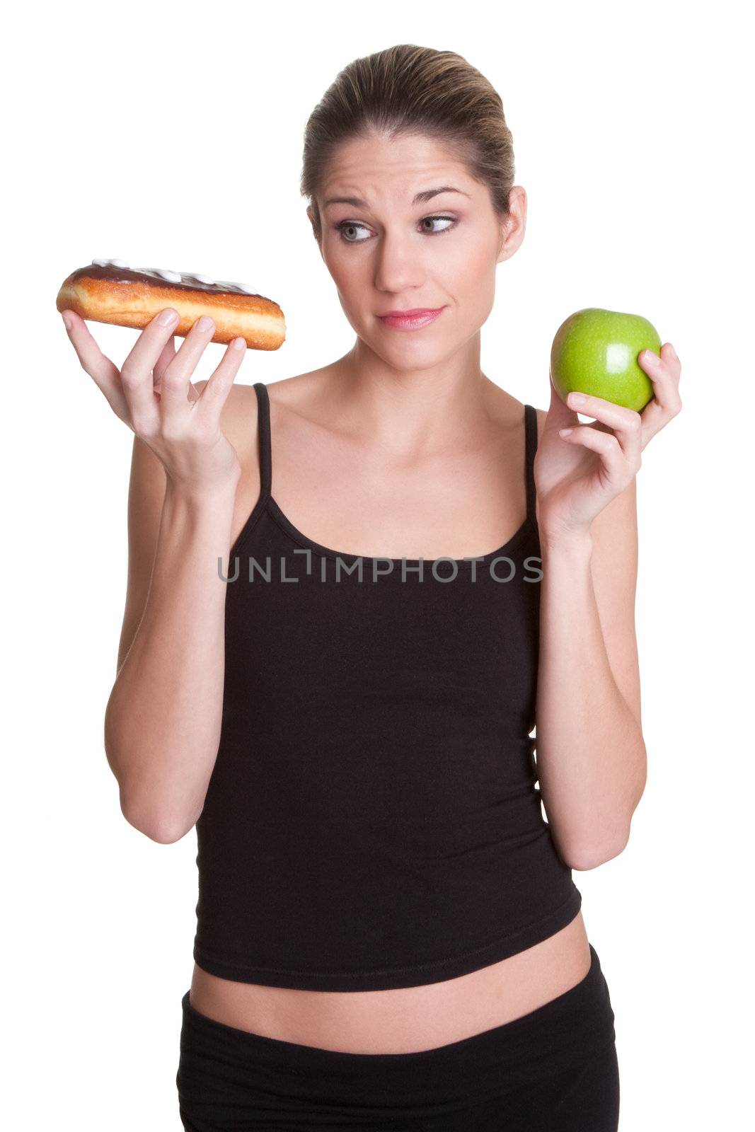 Diet woman holding donut apple