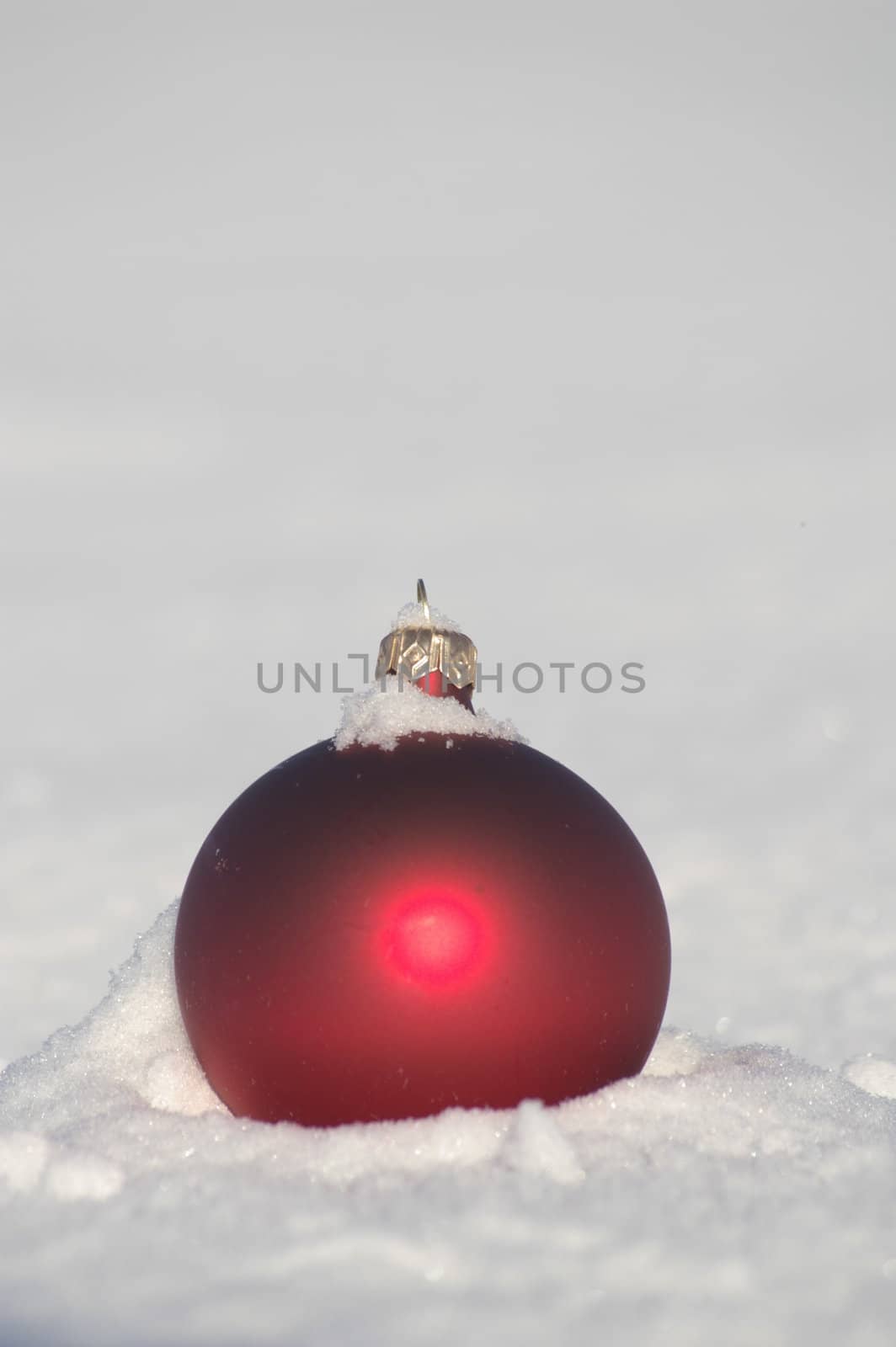 a red bauble in snowy landscape at winter