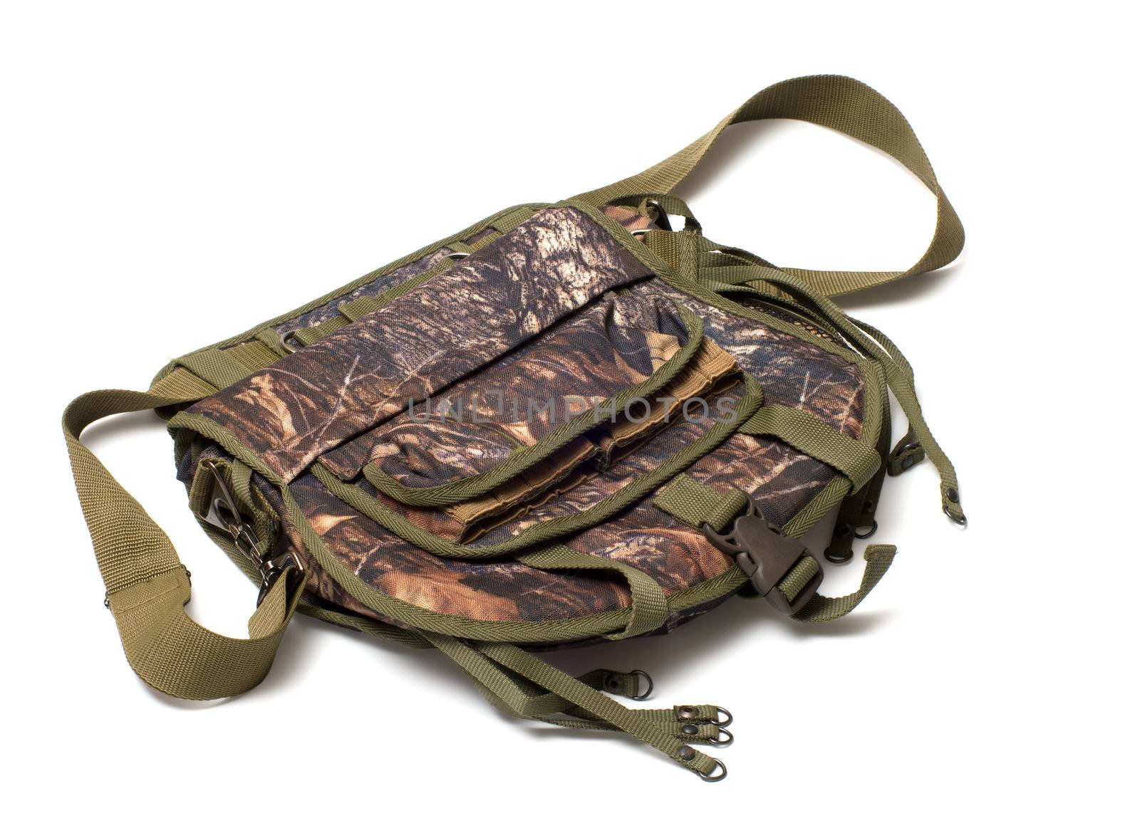 Camouflage hunting bag isolated on a white background.