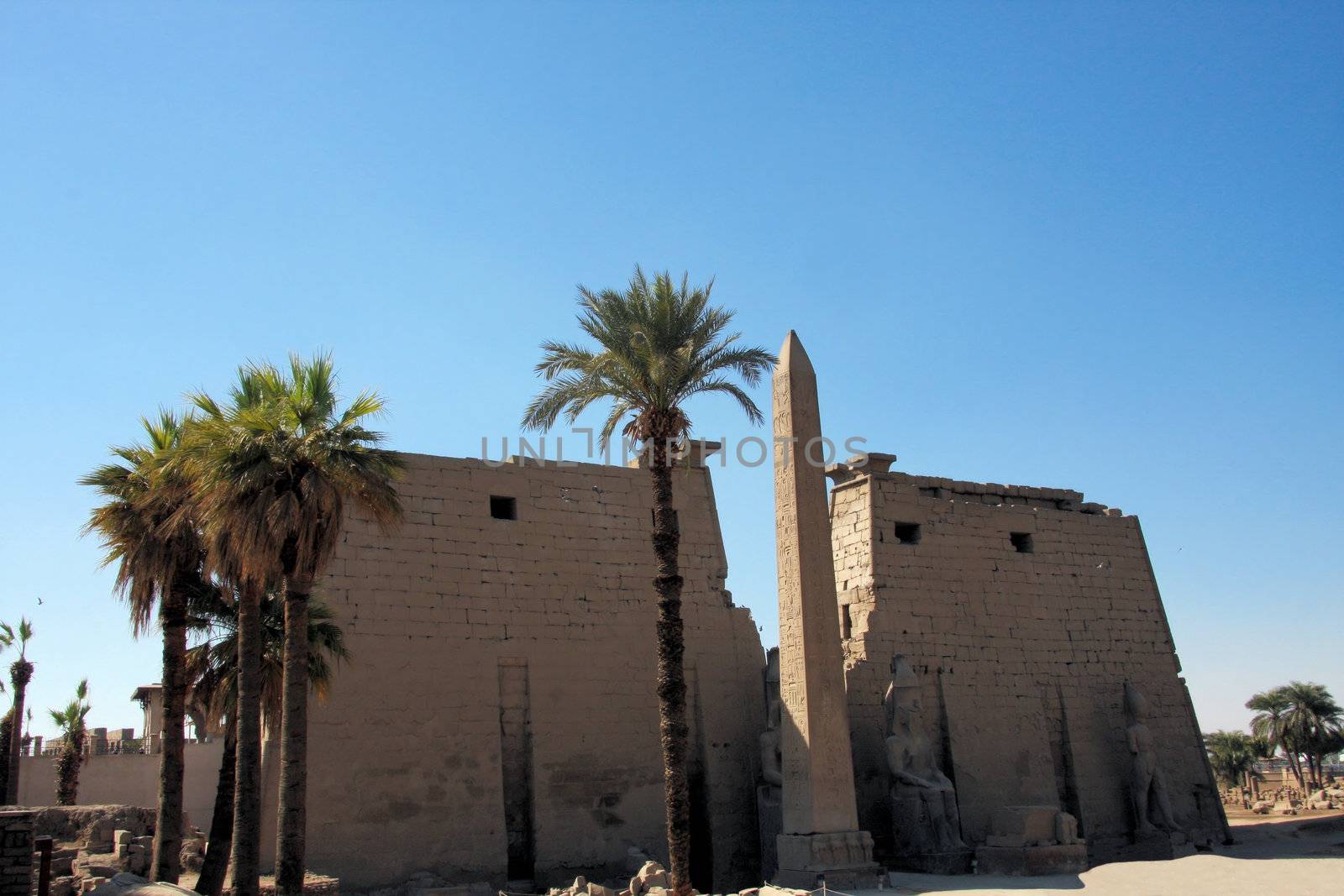 Luxor Temple, Egypt, main pylons and central obelisk to the entrance