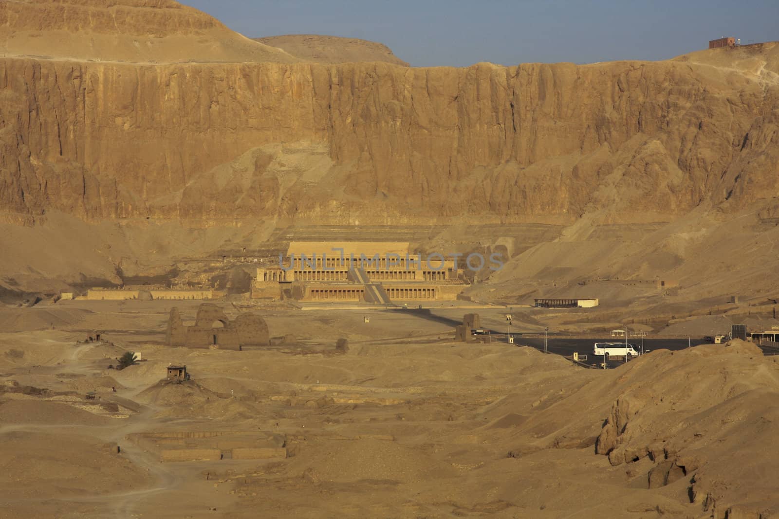 Aerial, above shot, The Temple of Queen Hatshepsut Luxor, Egypt