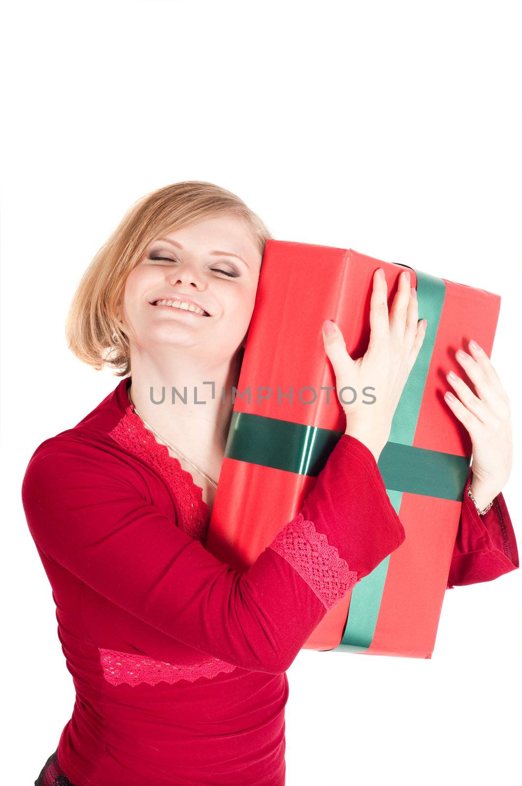 Happy woman with Christmas presents isolated on white