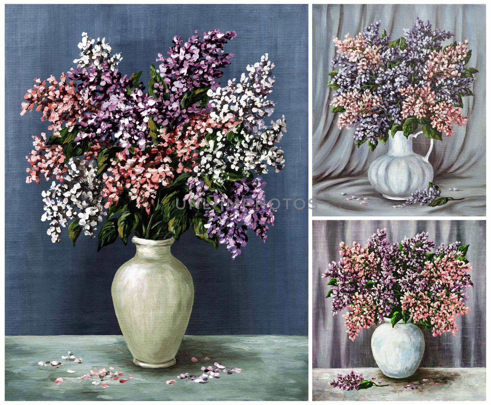 Flowers, lilac in a vases. Picture oil paints on a canvas, set