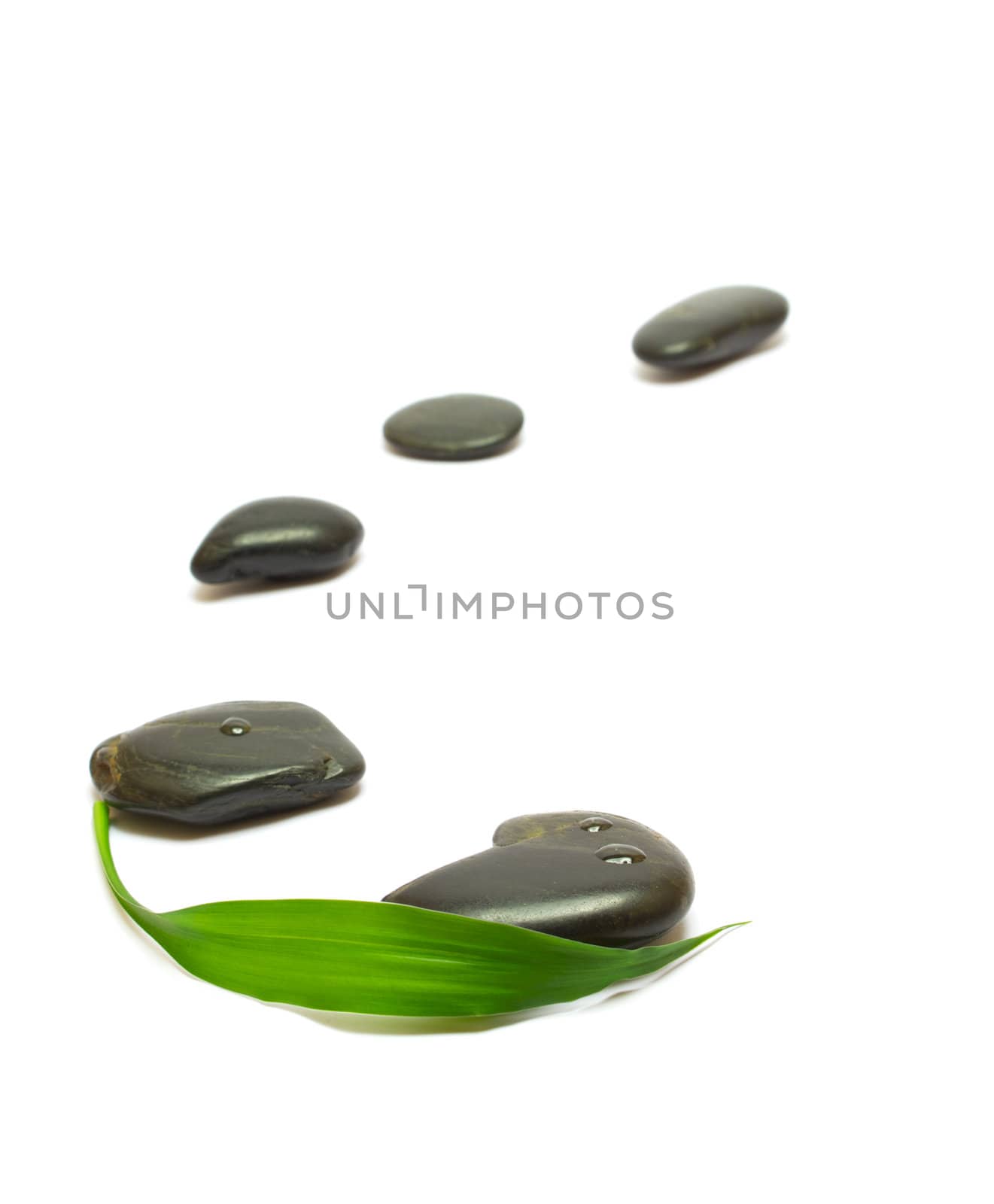 Black stones and bamboo leaf isolated on white