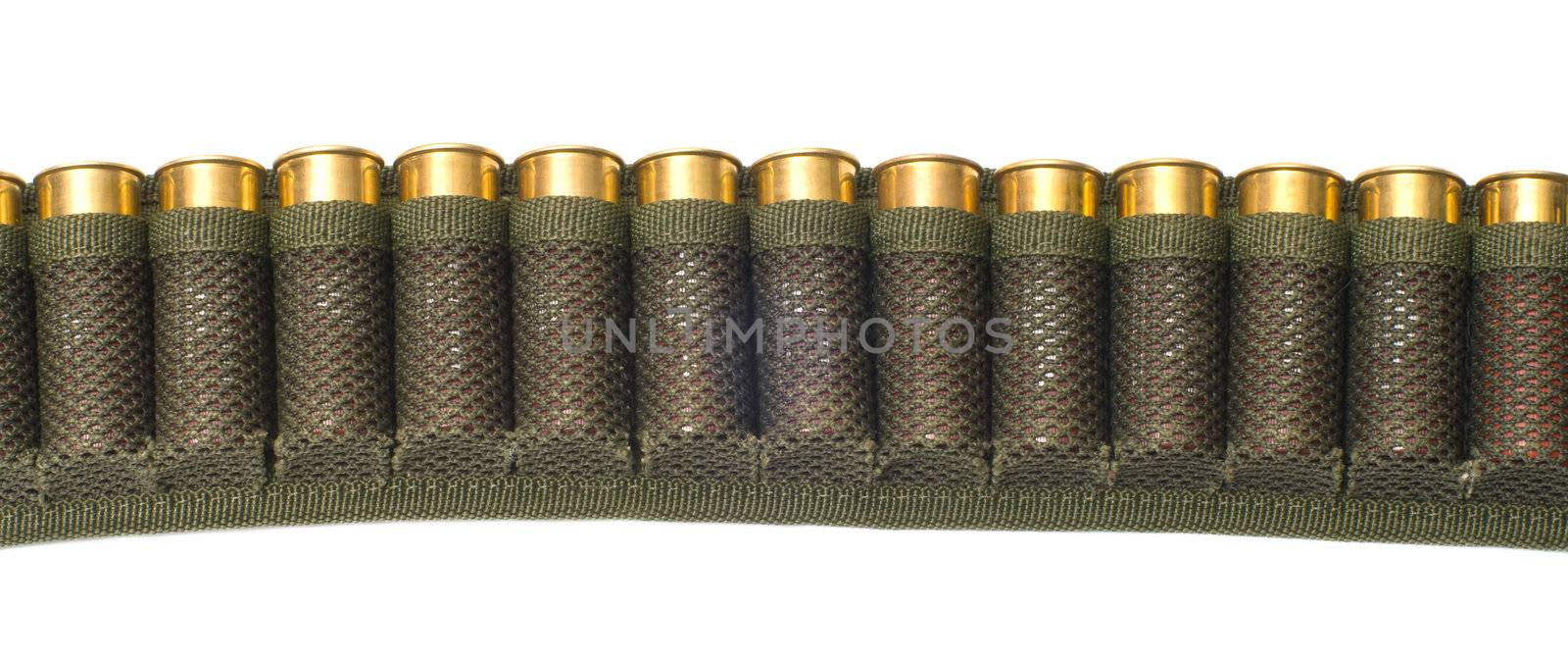 Bandolier of bullets is isolated on a white background.