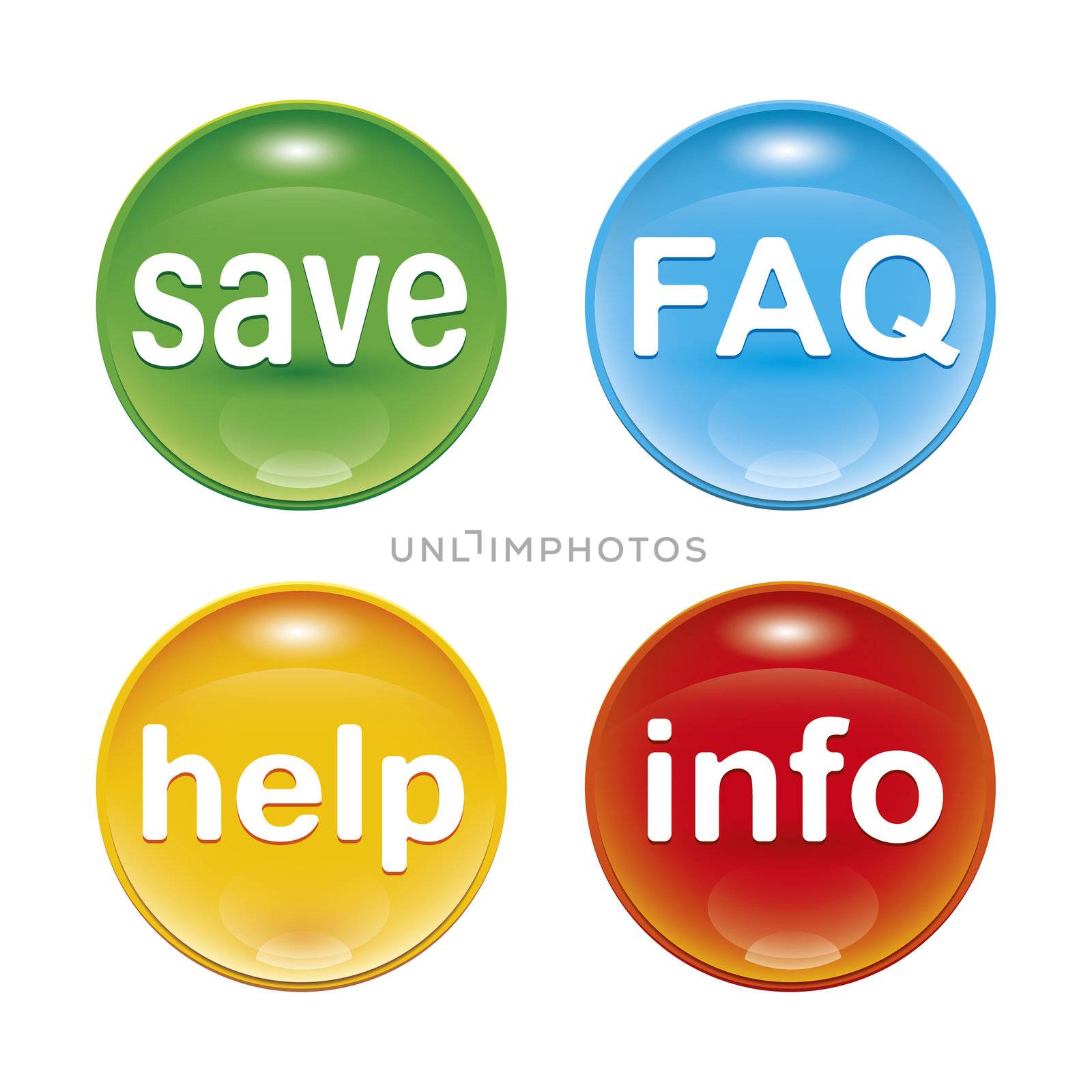 four glossy web icons with the word save FAQ help info
