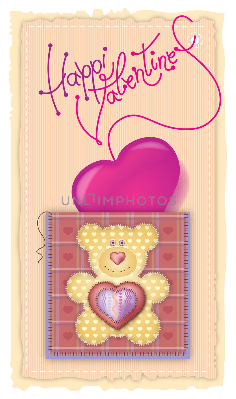 Greeting Card Valentine's Day. Merry embroidered teddy bear with a heart on his chest