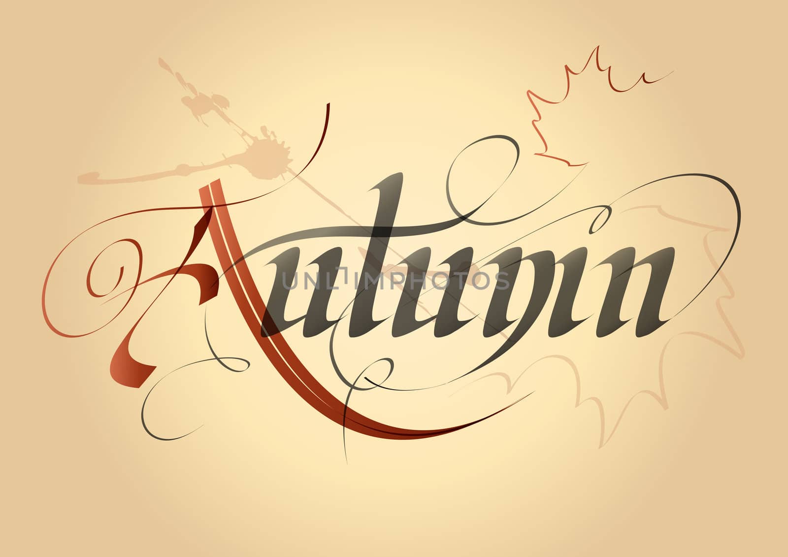 word autumn, written in Gothic letters on the old paper