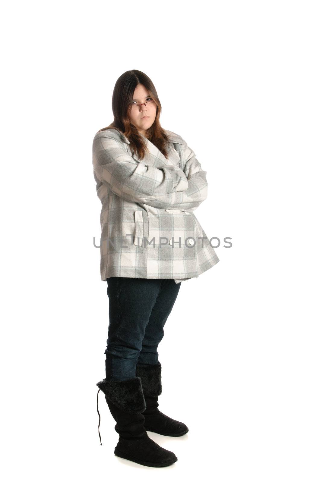A full body view of a mad teenage girl, isolated against a white background