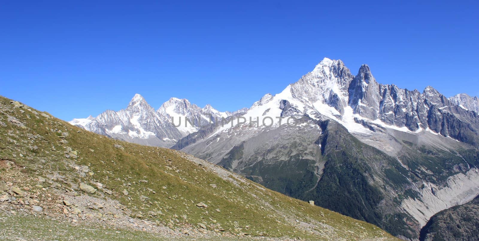 View of the Mont-Blanc massif behind a little house in the mountain by beautiful weather, Chamonix, France