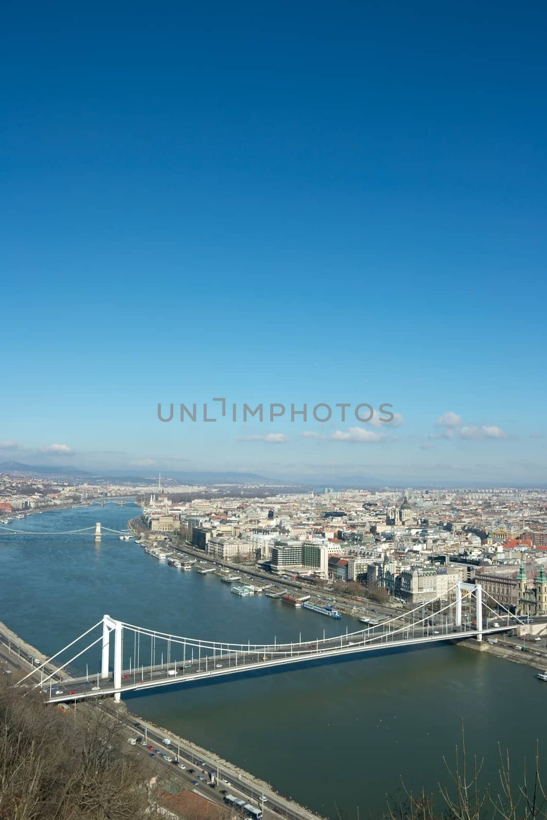 Vertical cityscape of Budapest with clear blue sky