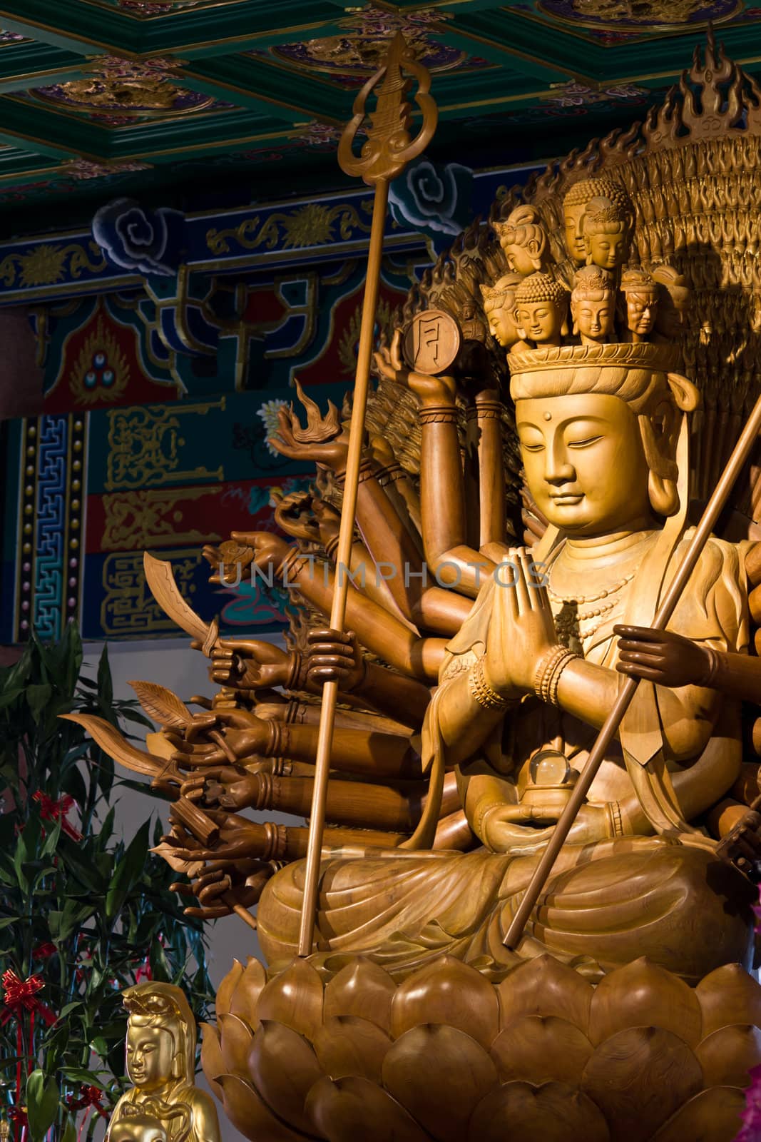 Thousand hands of god image make of wood carving chinese art in thailand