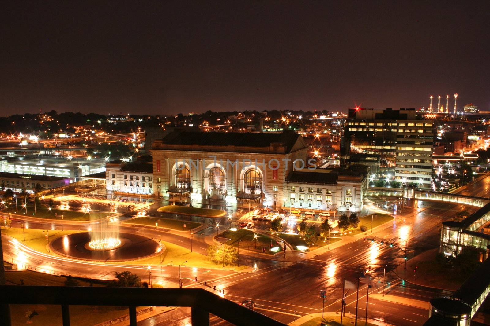 Kansas City Union Station at night after a rain