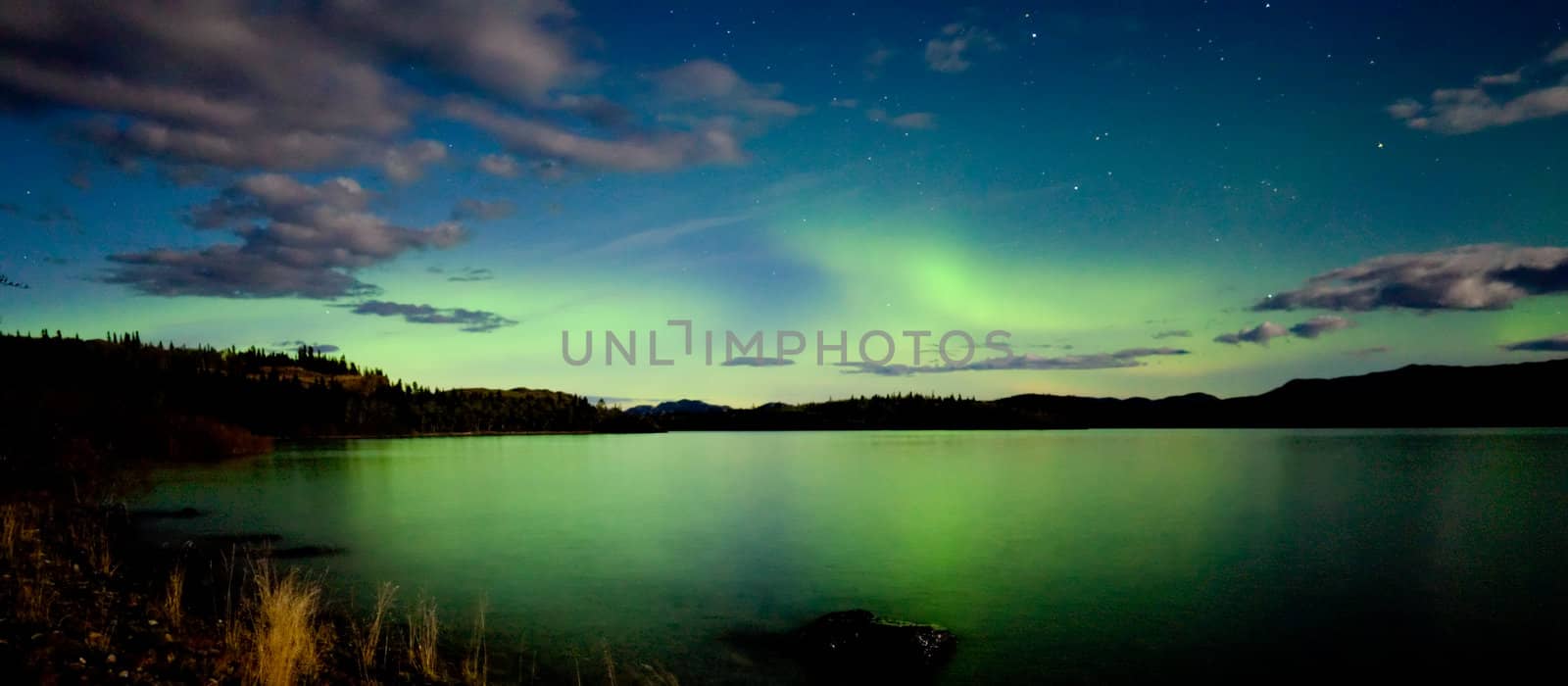 Intense Aurora borealis in moon lit night being mirrored on Lake Laberge, Yukon T., Canada.