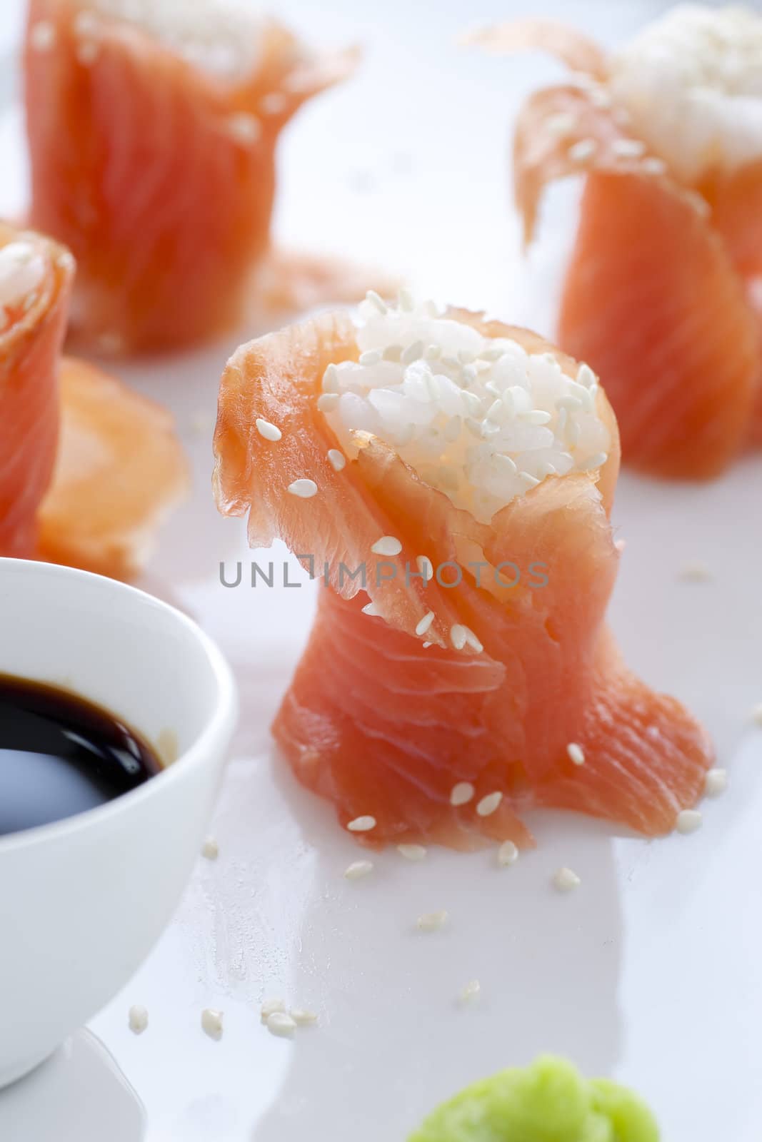 Close Up Salmon Sushi by charlotteLake
