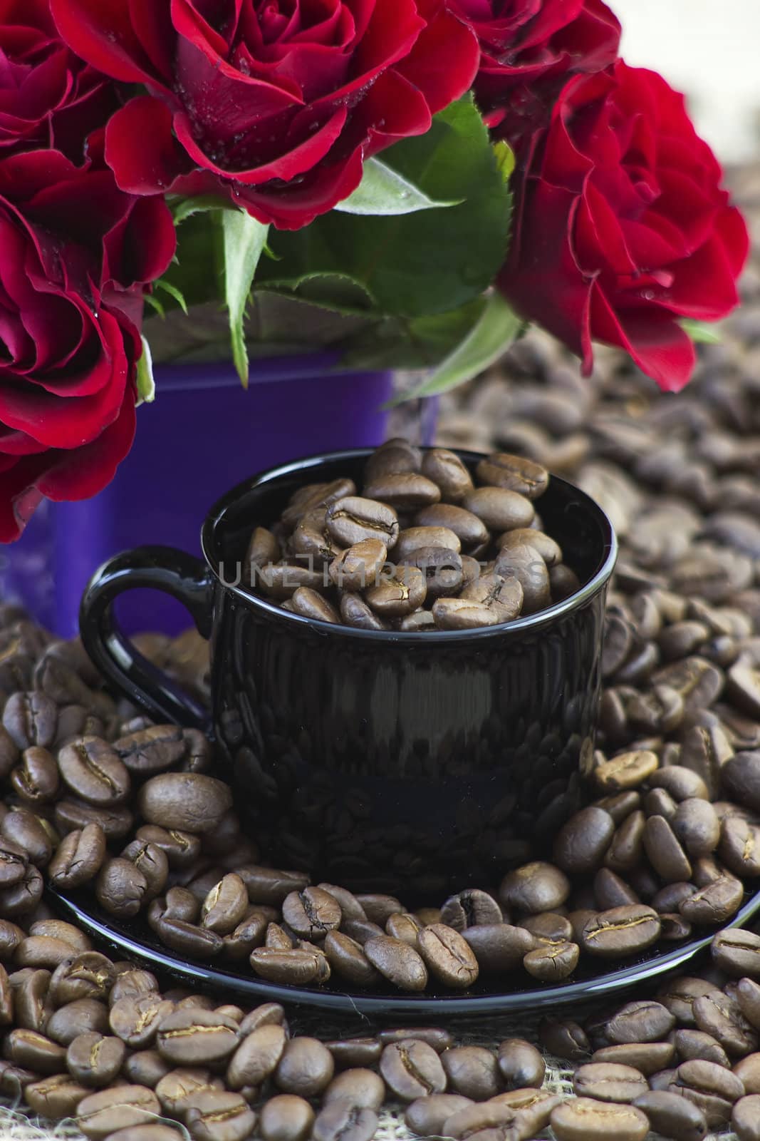 coffee beans and red roses