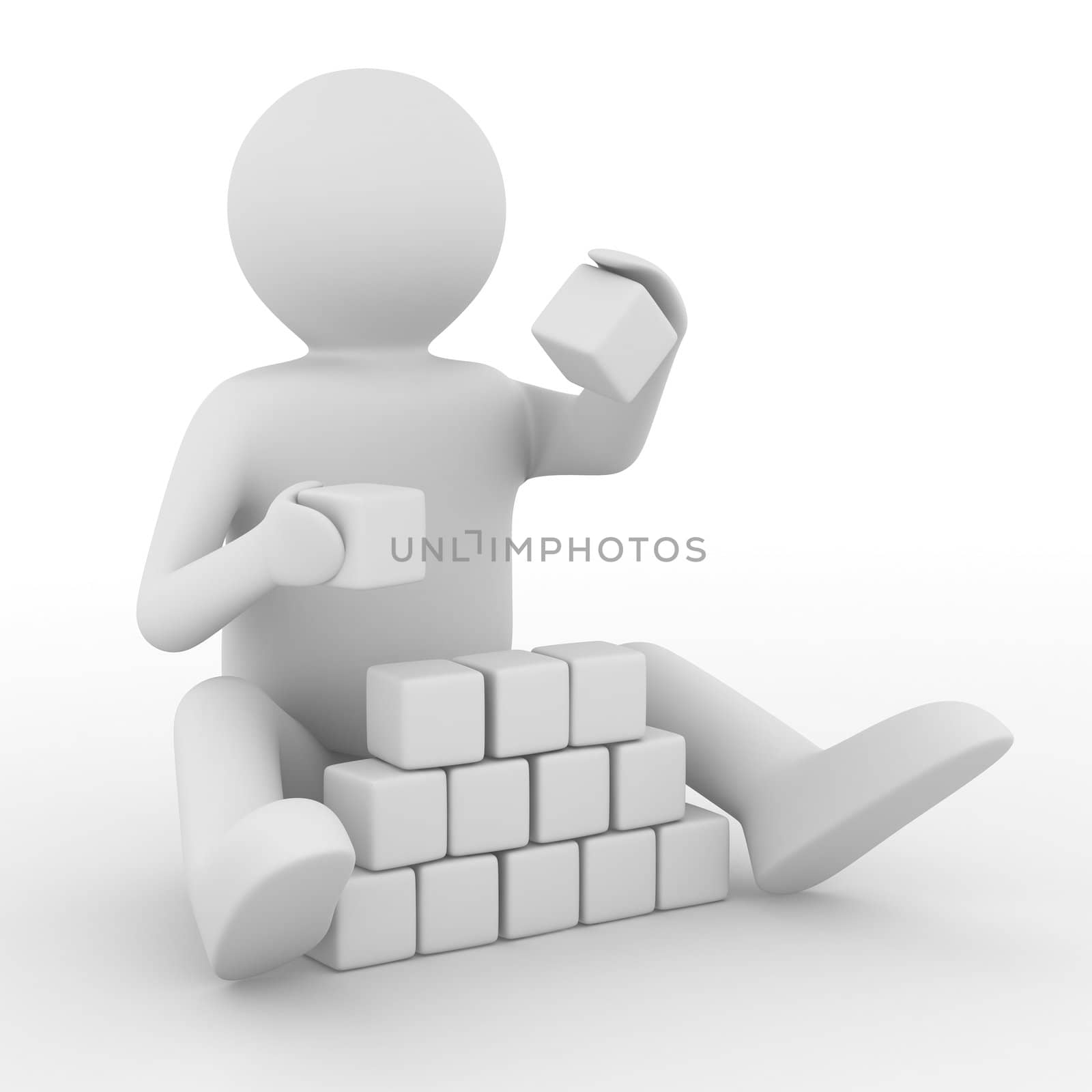 child plays cubes on white. Isolated 3D image