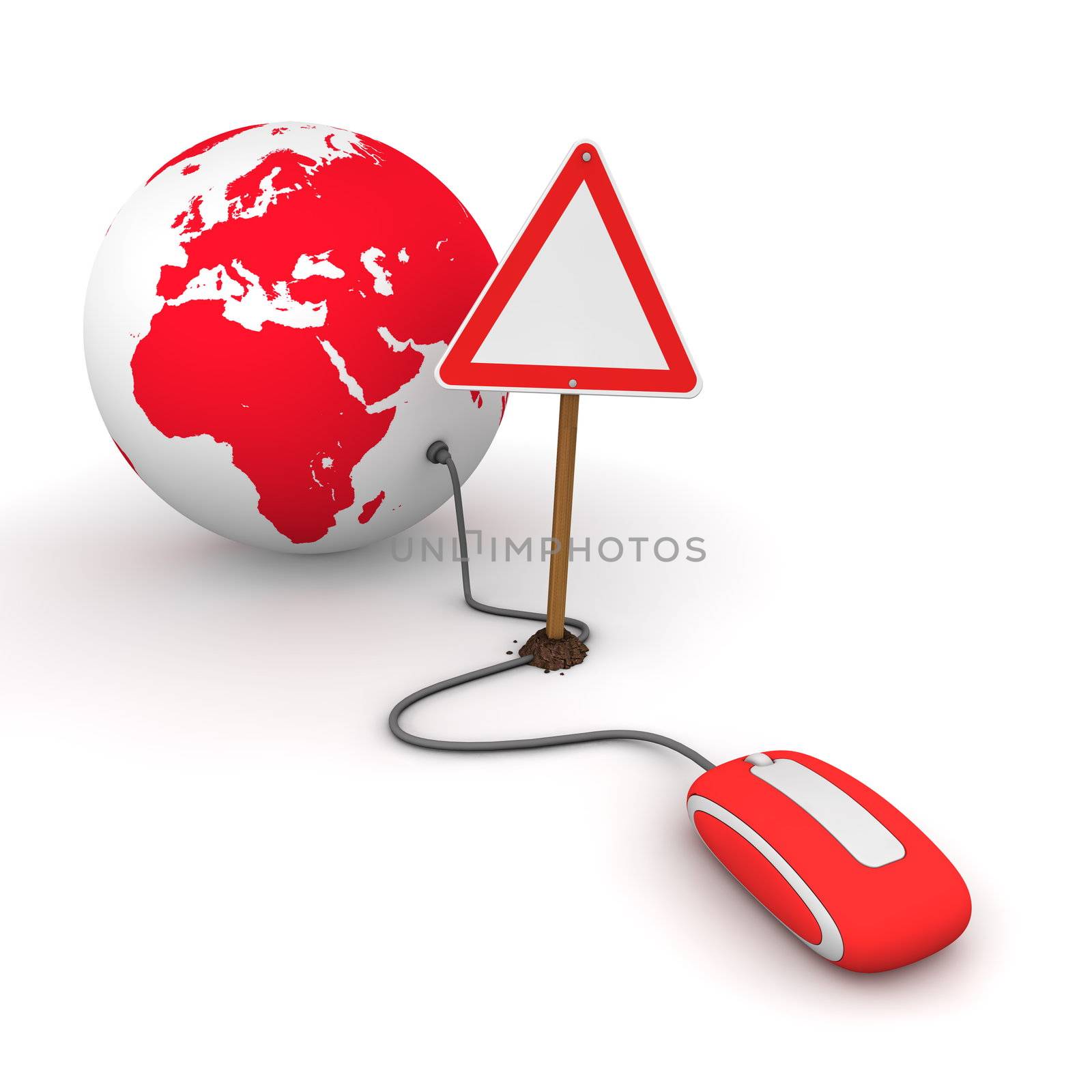 red computer mouse is connected to a red globe - surfing and browsing is blocked by a triangular red-white warning sign that cuts the cable - empty template sign