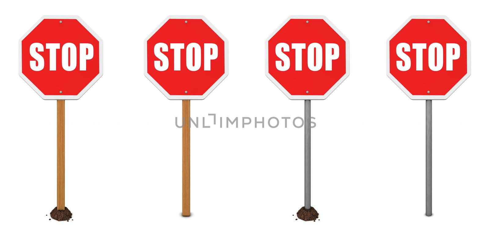 stop sign with four different posts - wood and metal - with, without mound of earth