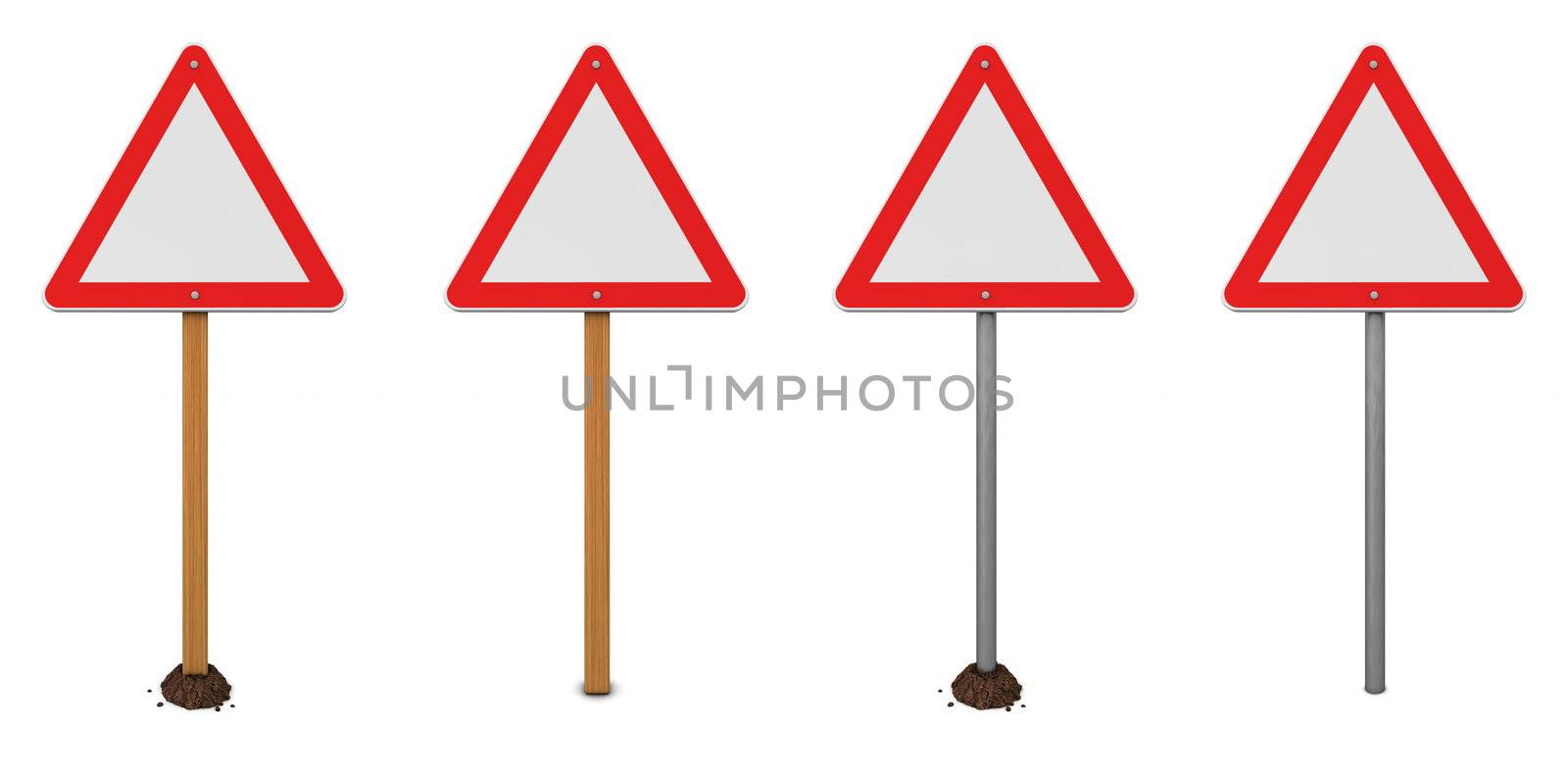 triangular warning sign with four different posts - wood and metal - with, without mound of earth