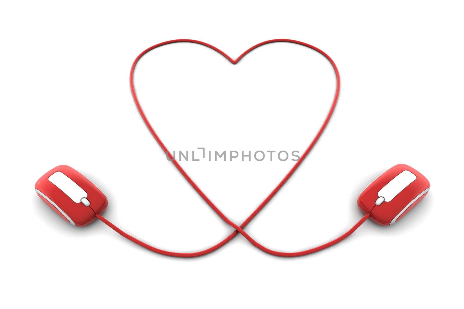 two red computer mice are connected via a red heart shaped cable to express love and affection - happy valentines day