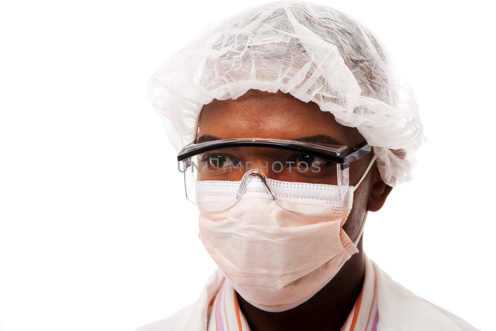 Portrait face of a handsome man dressed as doctor physician scientist surgeon or working in the food industry, with mouth and hair cap for hygiene, isolated.