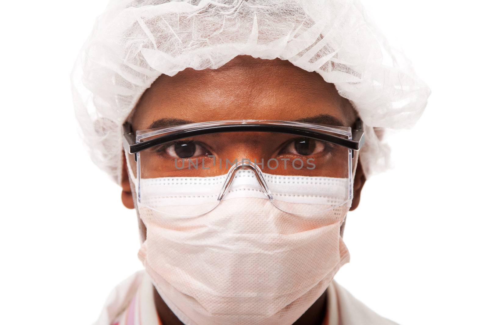 Portrait face of a handsome man dressed as doctor physician scientist surgeon or working in the food industry, with mouth and hair cap for hygiene, isolated.