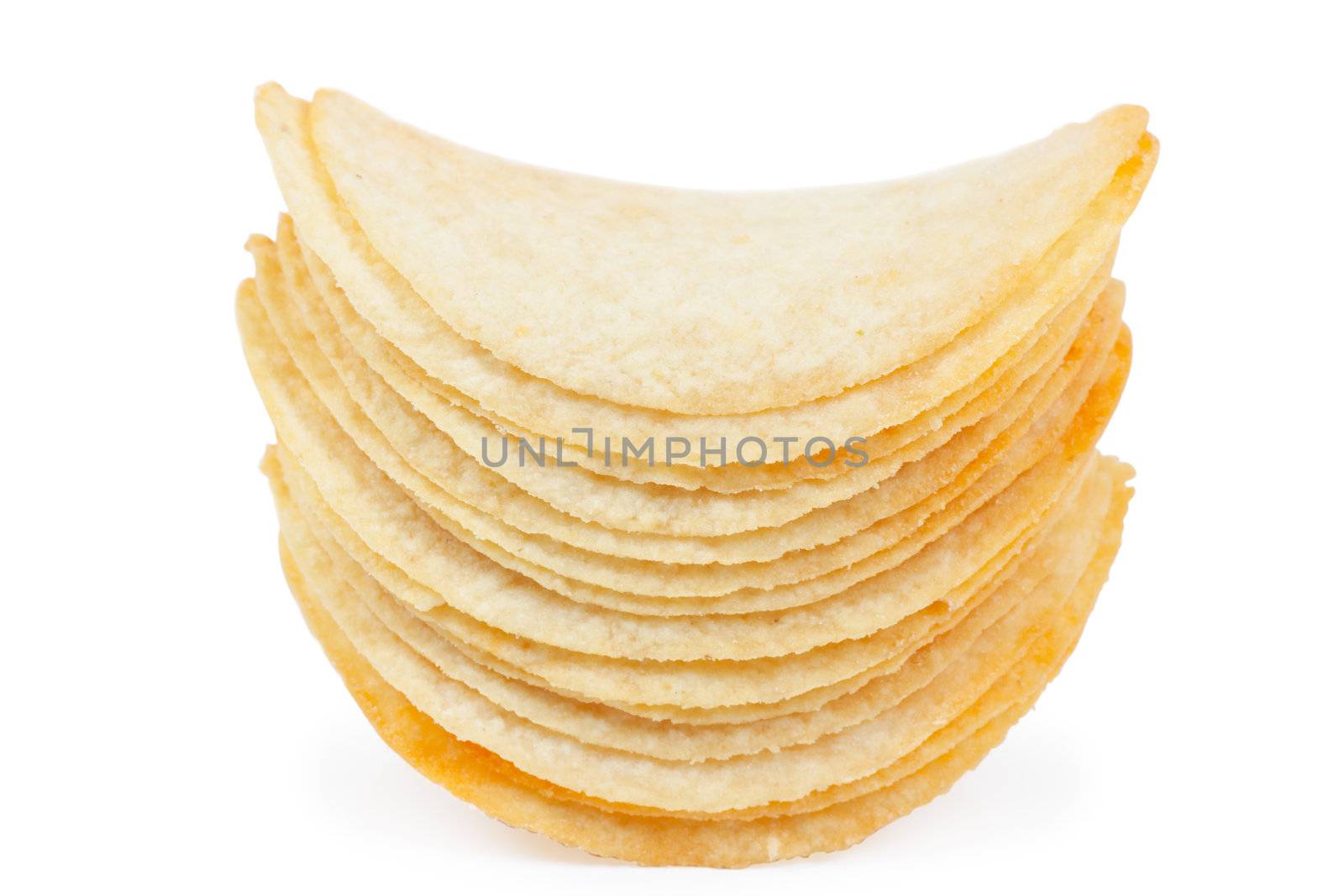 Stack of salted potato chip isolated on the white