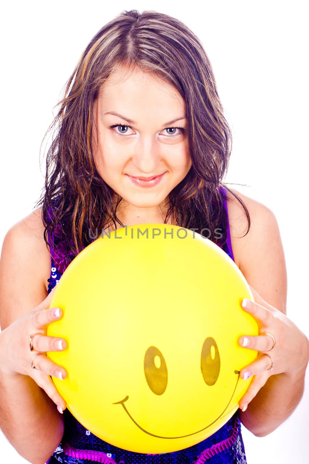 Woman with ballons in studio isolated on white