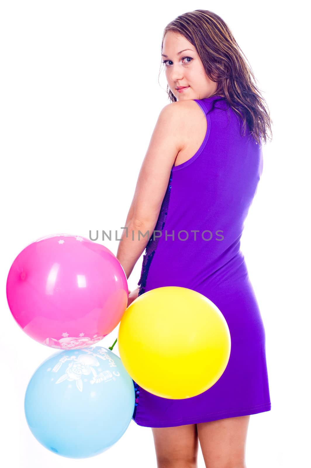 Woman with ballons in studio isolated on white