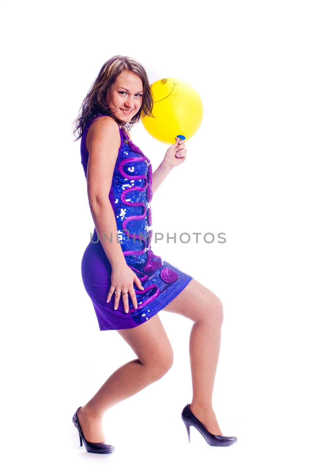 Woman with ballons in studio isolated on white