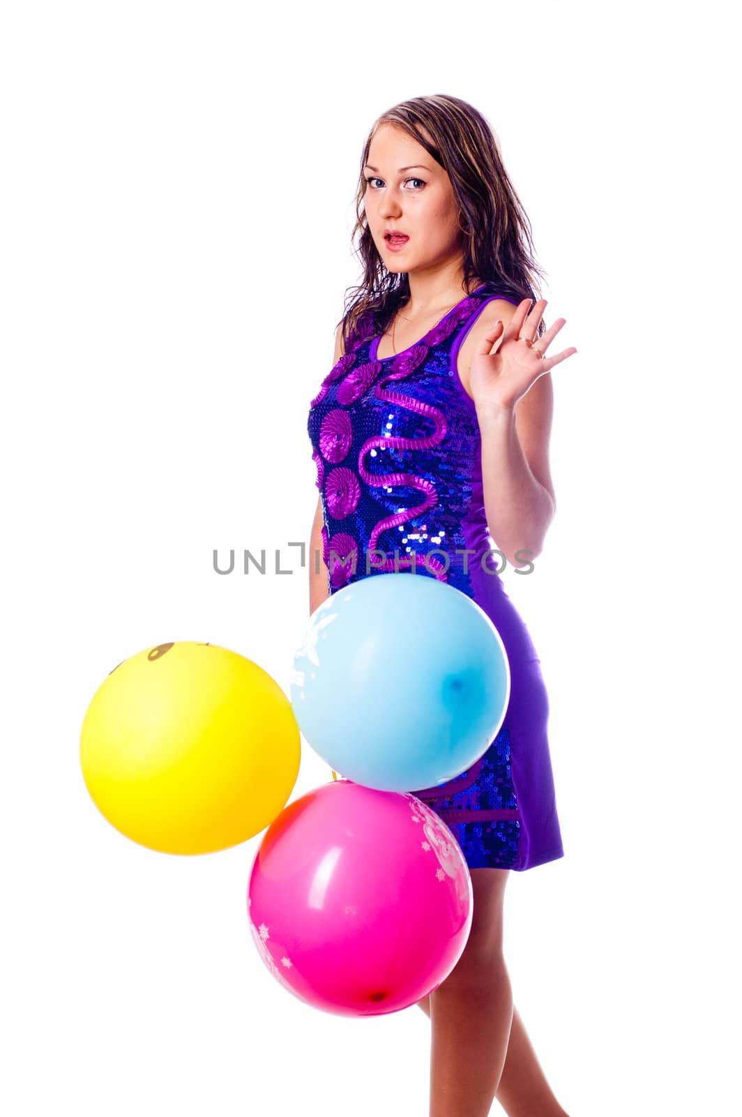 Woman with ballons in studio isolated on white