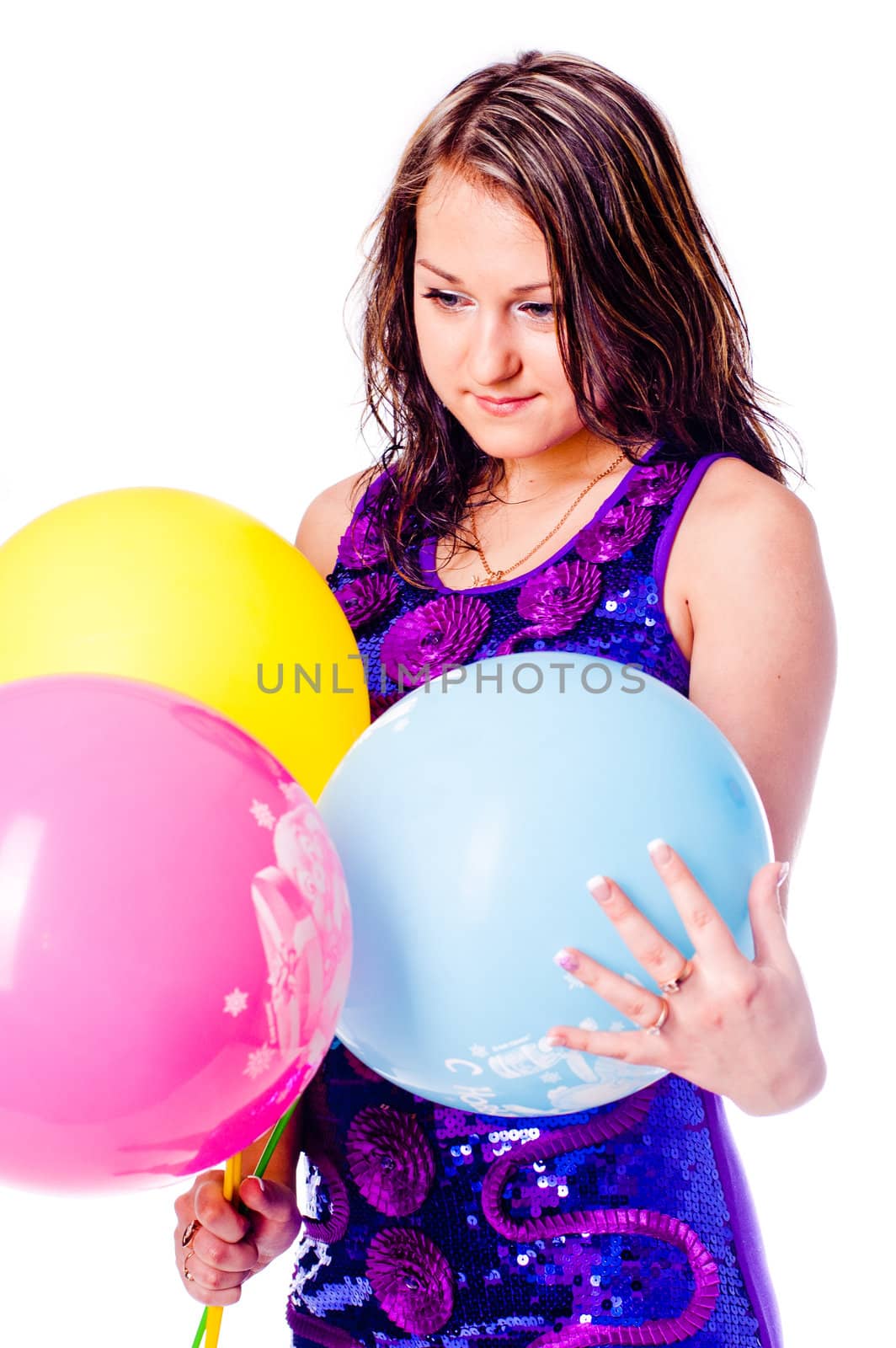 Woman with ballons in studio isolated on white