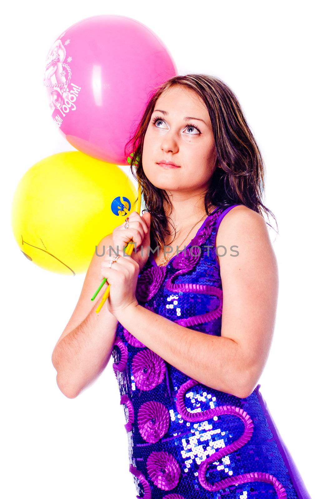 Woman with ballons in studio isolated on white