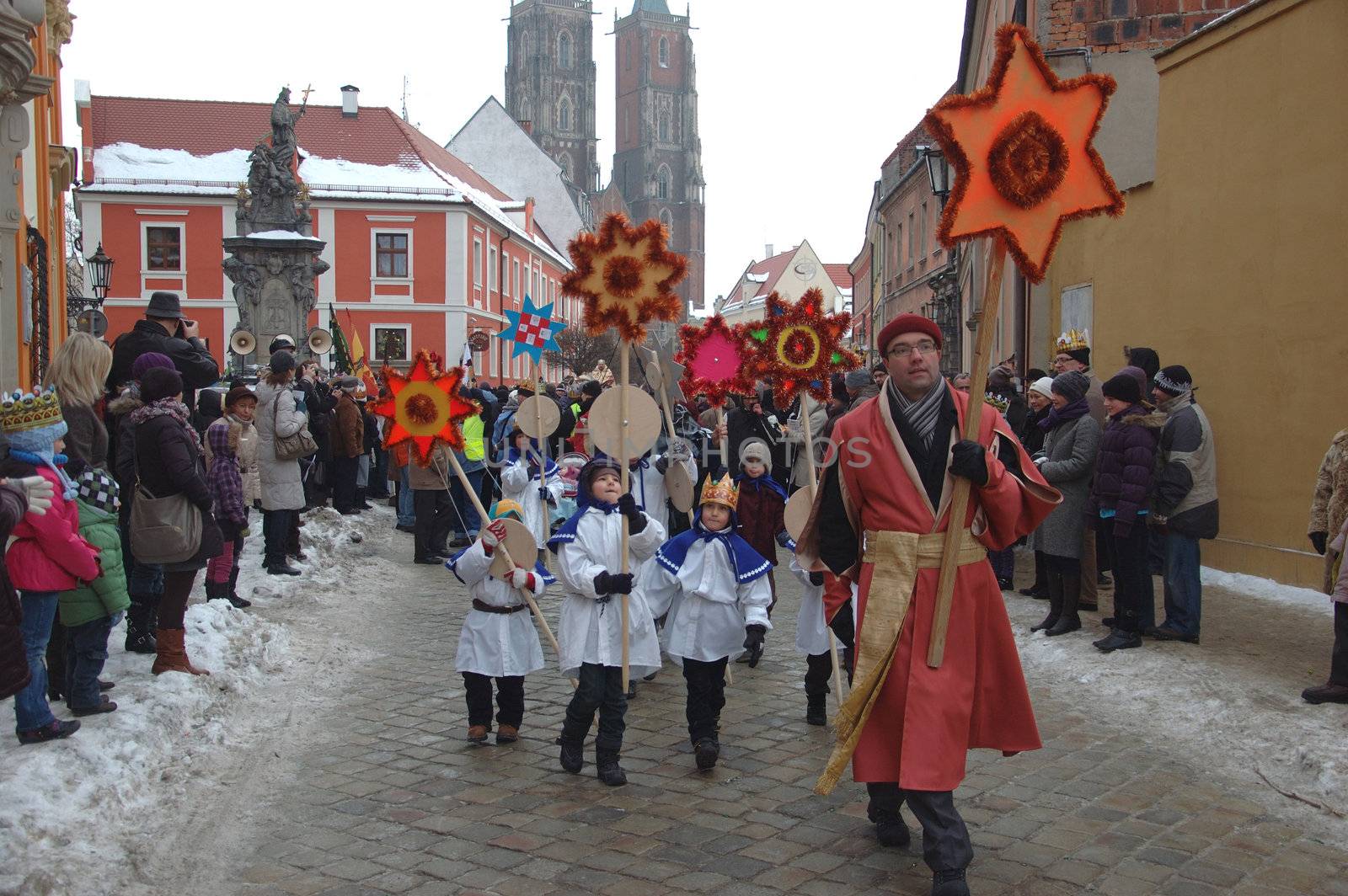 WROCLAW, POLAND - January 6: Epiphany holiday in Christian religion. Traditional procession, reconstruction of visit of the Magi to the infant Jesus on January 6, 2011.