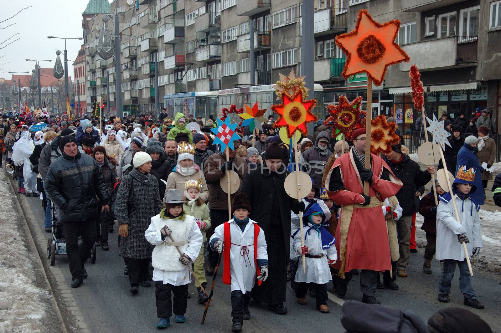 WROCLAW, POLAND - January 6: Epiphany holiday in Christian religion. Traditional procession, reconstruction of visit of the Magi to the infant Jesus on January 6, 2011.