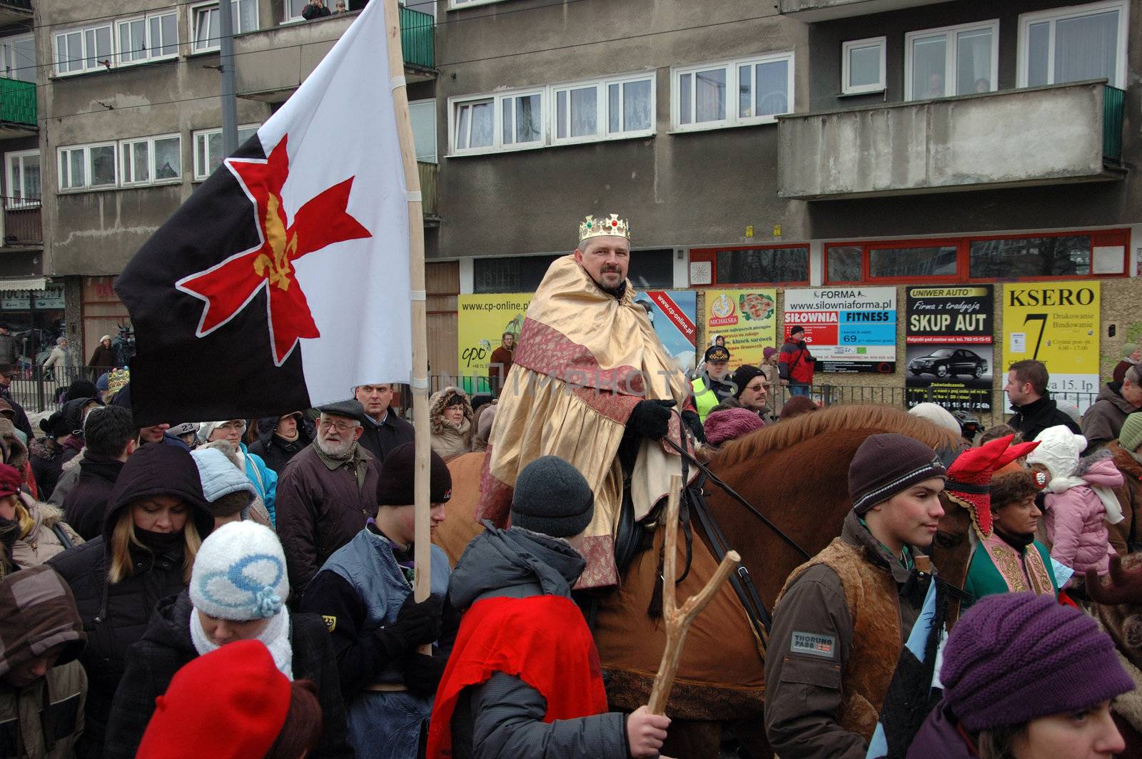 WROCLAW, POLAND - January 6: Epiphany holiday in Christian religion. Traditional procession, reconstruction of visit of the Magi to the infant Jesus on January 6, 2011.