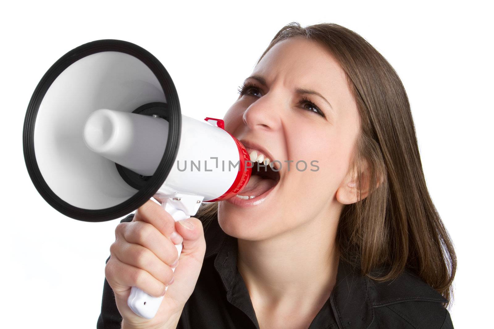 Angry woman yelling into megaphone