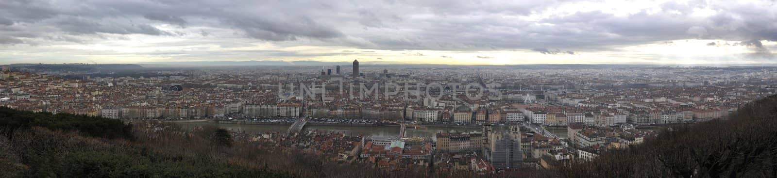 Panoramic view of Lyon city during a cloudy day