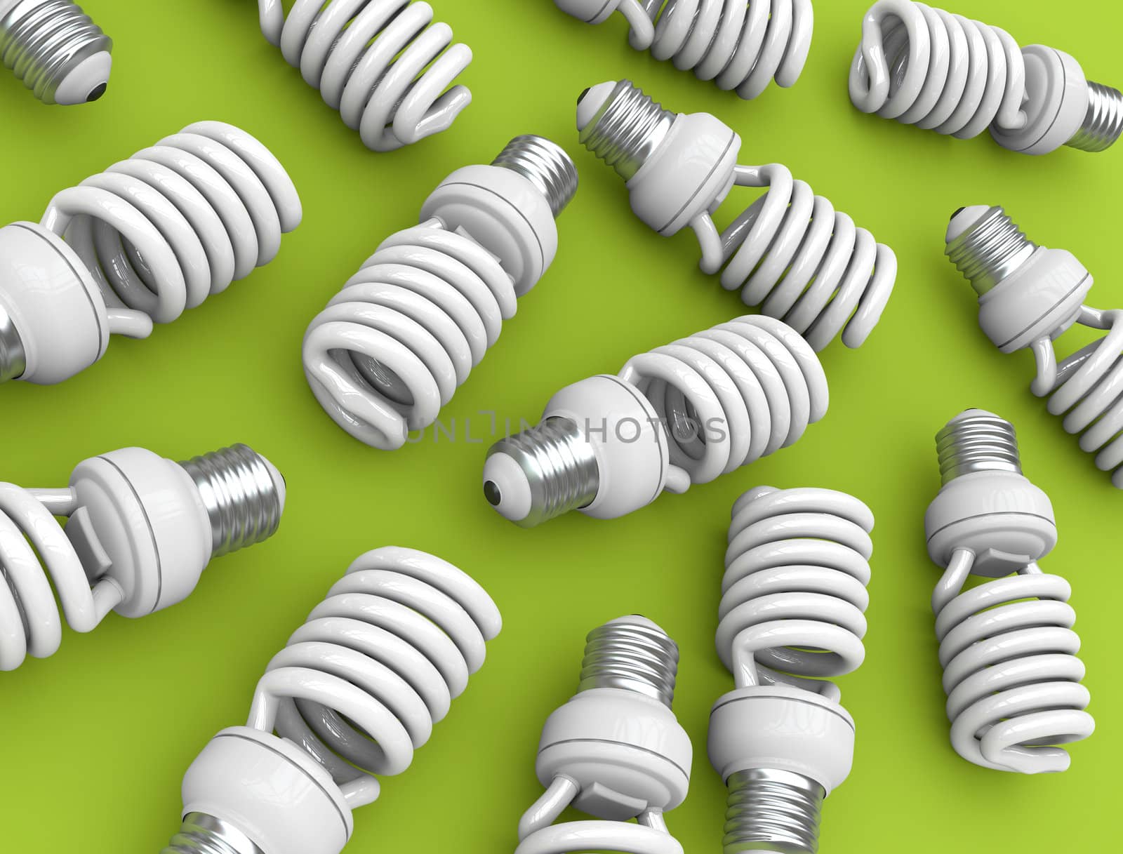 Energy efficient light bulbs on green plane. 3D rendered illustration.