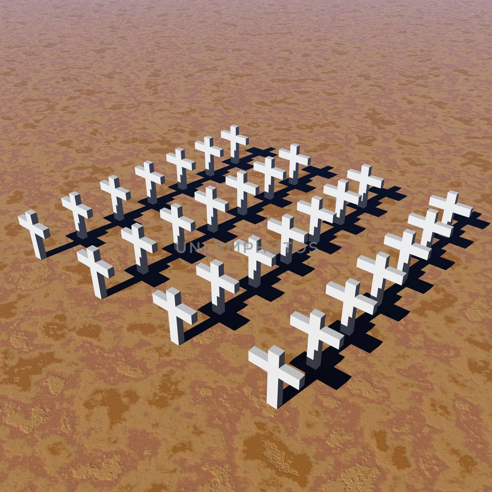 Aerial view of many white crosses in a desert