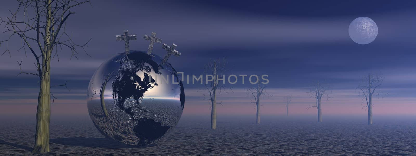 Three crosses for Golgotha on earth planet next to dead trees by foggy night with full moon