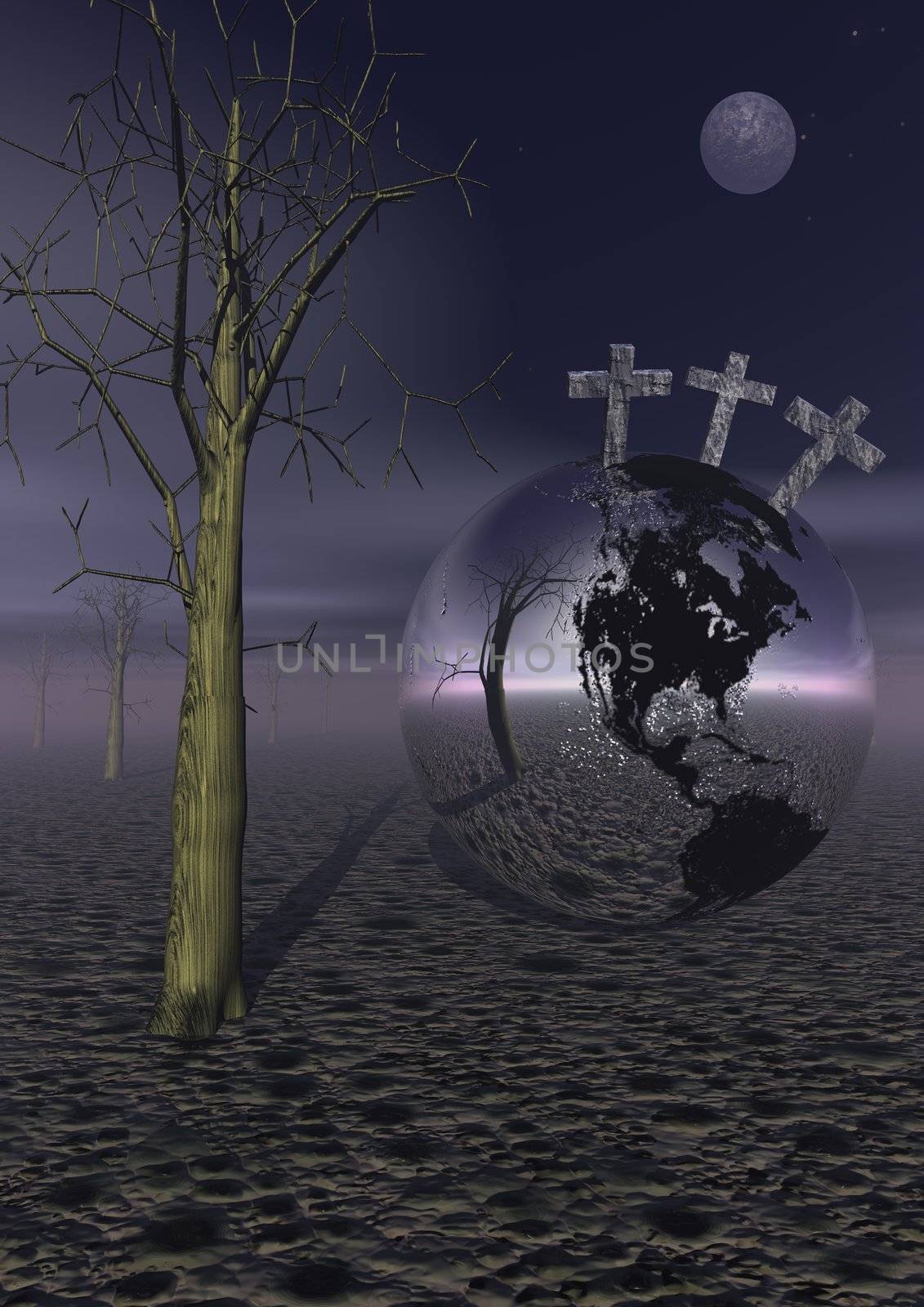 Three crosses for Golgotha on earth planet next to a dead tree by night with full moon