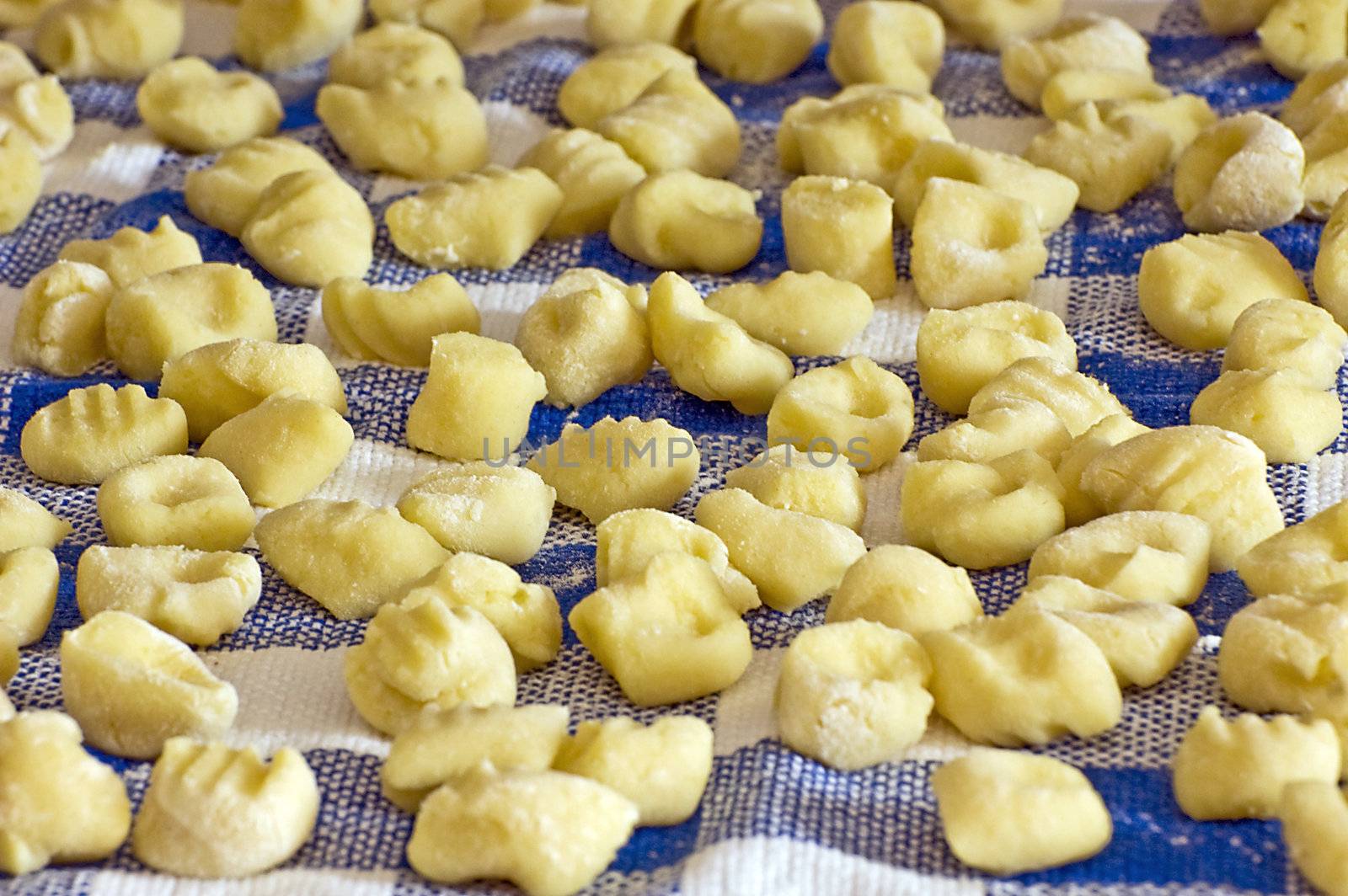 Handmade dumplings on a squared cloth ready to cooking