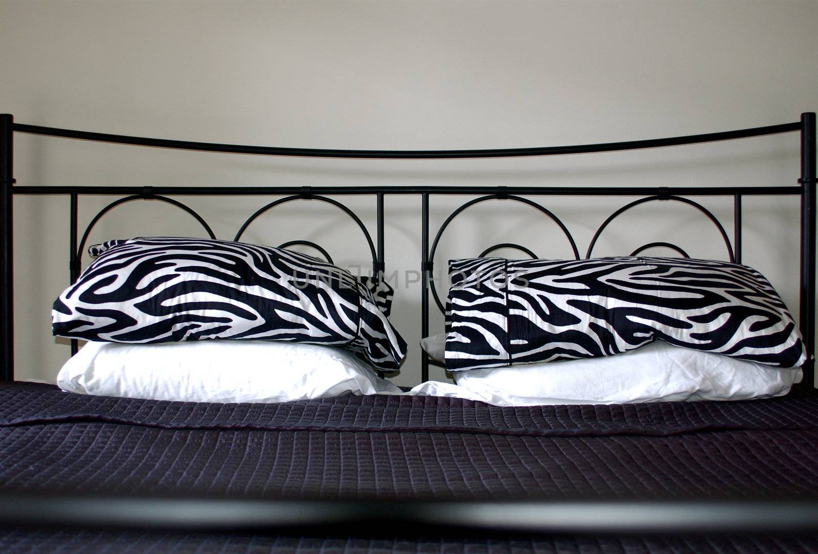 View from foot of the bed showing length of bed up towards the iron headboard and pillows, with black and white zebra stripes and black silky cover.